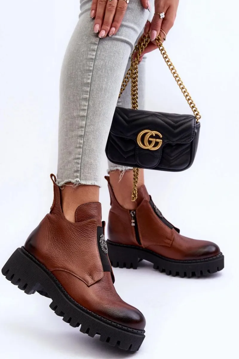 Best Boto Damskie Skórzane Botki Z Ozdobą Brązowe Lemar Lusanna