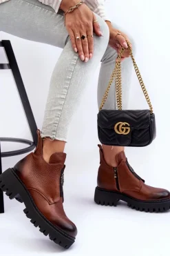 Best Boto Damskie Skórzane Botki Z Ozdobą Brązowe Lemar Lusanna