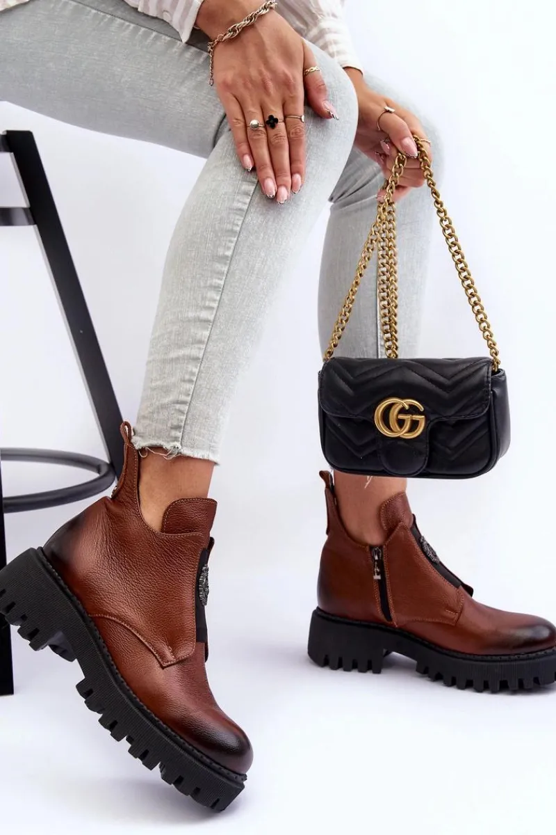 Best Boto Damskie Skórzane Botki Z Ozdobą Brązowe Lemar Lusanna