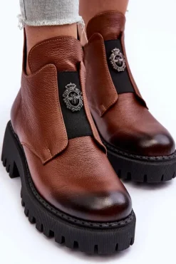 Best Boto Damskie Skórzane Botki Z Ozdobą Brązowe Lemar Lusanna