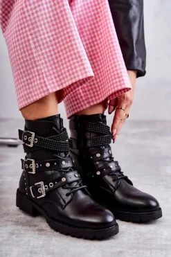 Hot Damskie Skórzane Botki Z Ozdobnymi Paskami Czarne Russo Damskie Botki Sznurowane|Czarne Botki