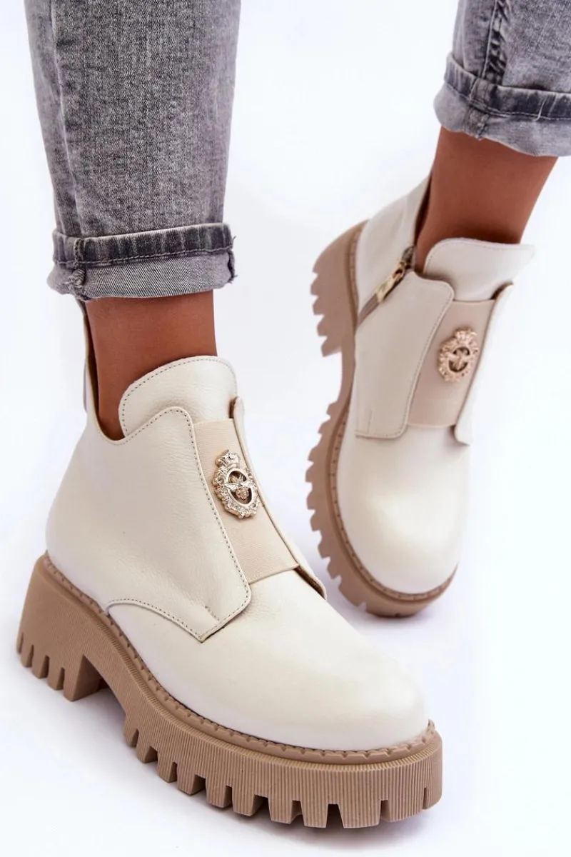 Hot Boto Damskie Skórzane Botki Z Ozdobą Jasnobeżowe Lemar Lusanna