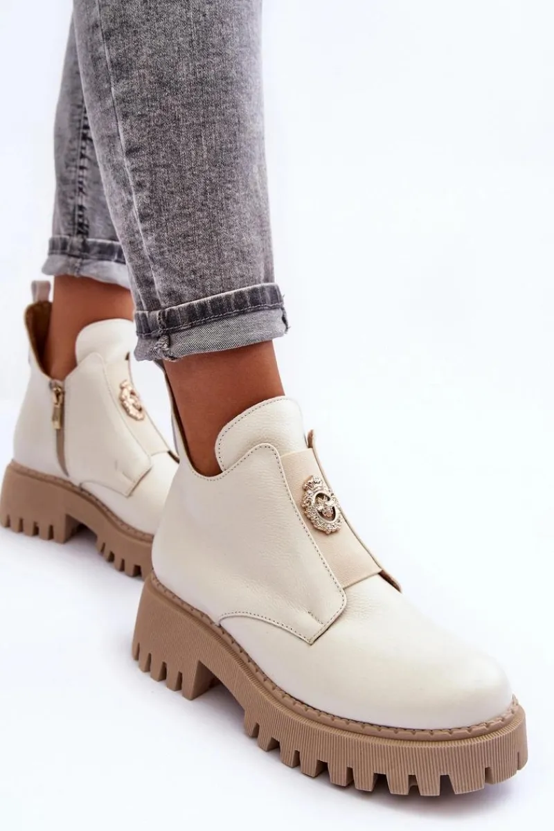 Hot Boto Damskie Skórzane Botki Z Ozdobą Jasnobeżowe Lemar Lusanna