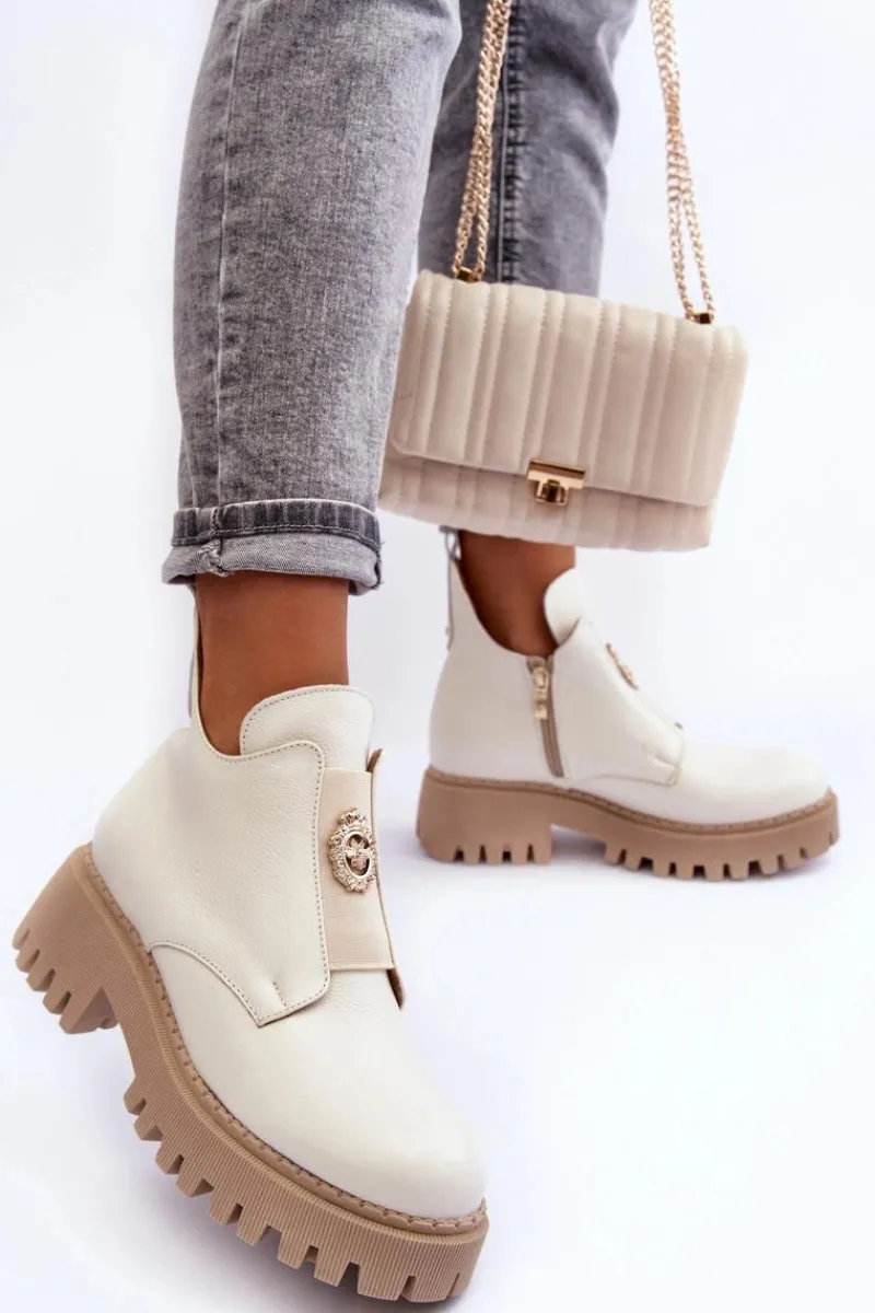 Hot Boto Damskie Skórzane Botki Z Ozdobą Jasnobeżowe Lemar Lusanna