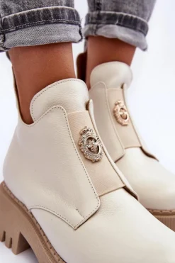 Hot Boto Damskie Skórzane Botki Z Ozdobą Jasnobeżowe Lemar Lusanna