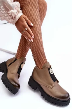 New Boto Damskie Skórzane Botki Z Ozdobą Beżowe Lemar Lusanna