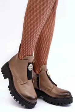 New Boto Damskie Skórzane Botki Z Ozdobą Beżowe Lemar Lusanna