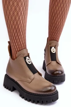 New Boto Damskie Skórzane Botki Z Ozdobą Beżowe Lemar Lusanna