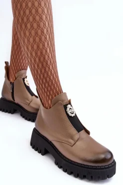 New Boto Damskie Skórzane Botki Z Ozdobą Beżowe Lemar Lusanna