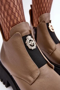 New Boto Damskie Skórzane Botki Z Ozdobą Beżowe Lemar Lusanna