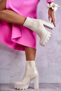 Hot Damskie Skórzane Botki Ze Skarpetą Beżowe Adalyn Damskie Botki Na Słupku|Brązowe I Beżowe Botki