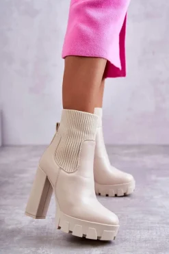 Hot Damskie Skórzane Botki Ze Skarpetą Beżowe Adalyn Damskie Botki Na Słupku|Brązowe I Beżowe Botki