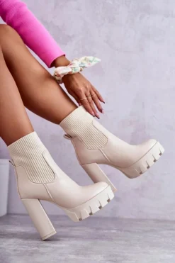 Hot Damskie Skórzane Botki Ze Skarpetą Beżowe Adalyn Damskie Botki Na Słupku|Brązowe I Beżowe Botki