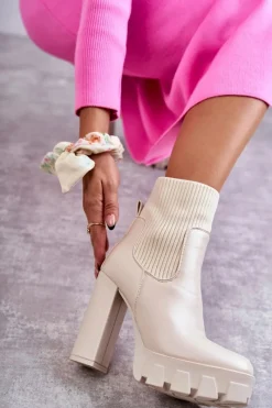 Hot Damskie Skórzane Botki Ze Skarpetą Beżowe Adalyn Damskie Botki Na Słupku|Brązowe I Beżowe Botki