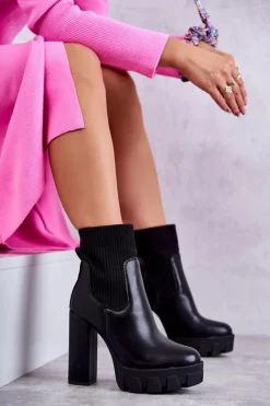 Outlet Boto Damskie Skórzane Botki Ze Skarpetą Czarne Adalyn