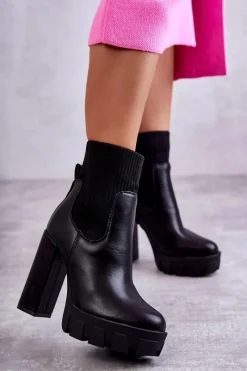 Outlet Boto Damskie Skórzane Botki Ze Skarpetą Czarne Adalyn