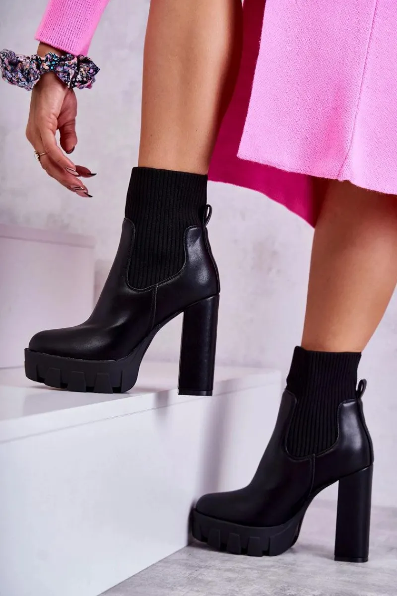 Outlet Boto Damskie Skórzane Botki Ze Skarpetą Czarne Adalyn