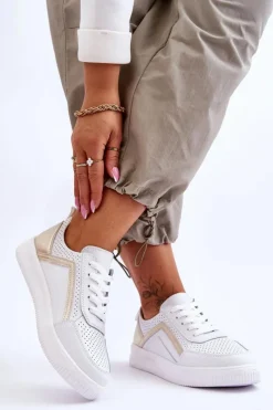 Best Damskie Skórzane Buty Sportowe Z Perforacją Biało-Złote Carvalo Damskie Sneakersy Damskie