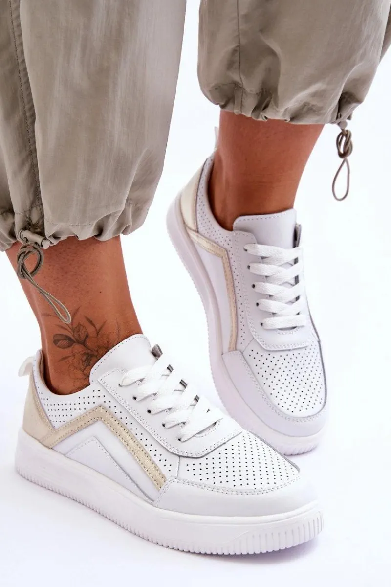 Best Damskie Skórzane Buty Sportowe Z Perforacją Biało-Złote Carvalo Damskie Sneakersy Damskie