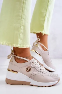 Sale Damskie buty S.Barski Damskie Skórzane Buty Sportowe Sneakersy Beżowe Loissa