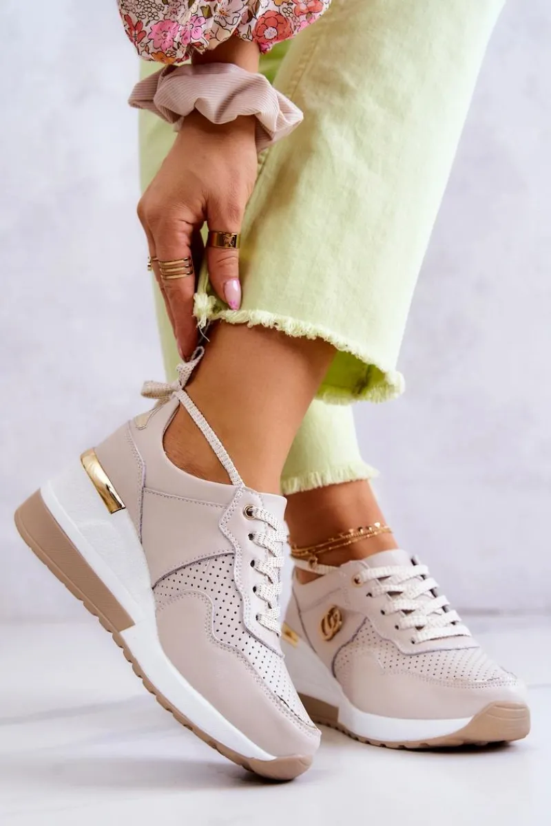 Sale Damskie buty S.Barski Damskie Skórzane Buty Sportowe Sneakersy Beżowe Loissa