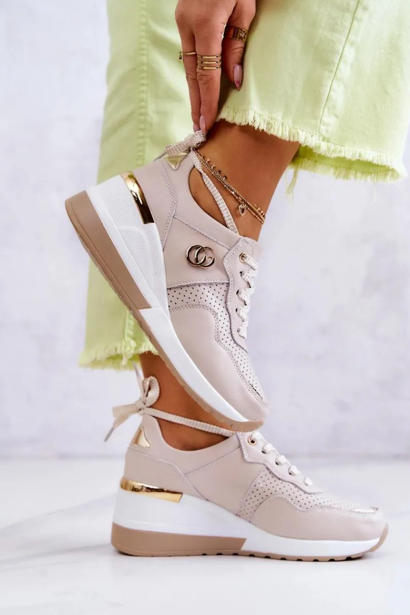 Sale Damskie buty S.Barski Damskie Skórzane Buty Sportowe Sneakersy Beżowe Loissa