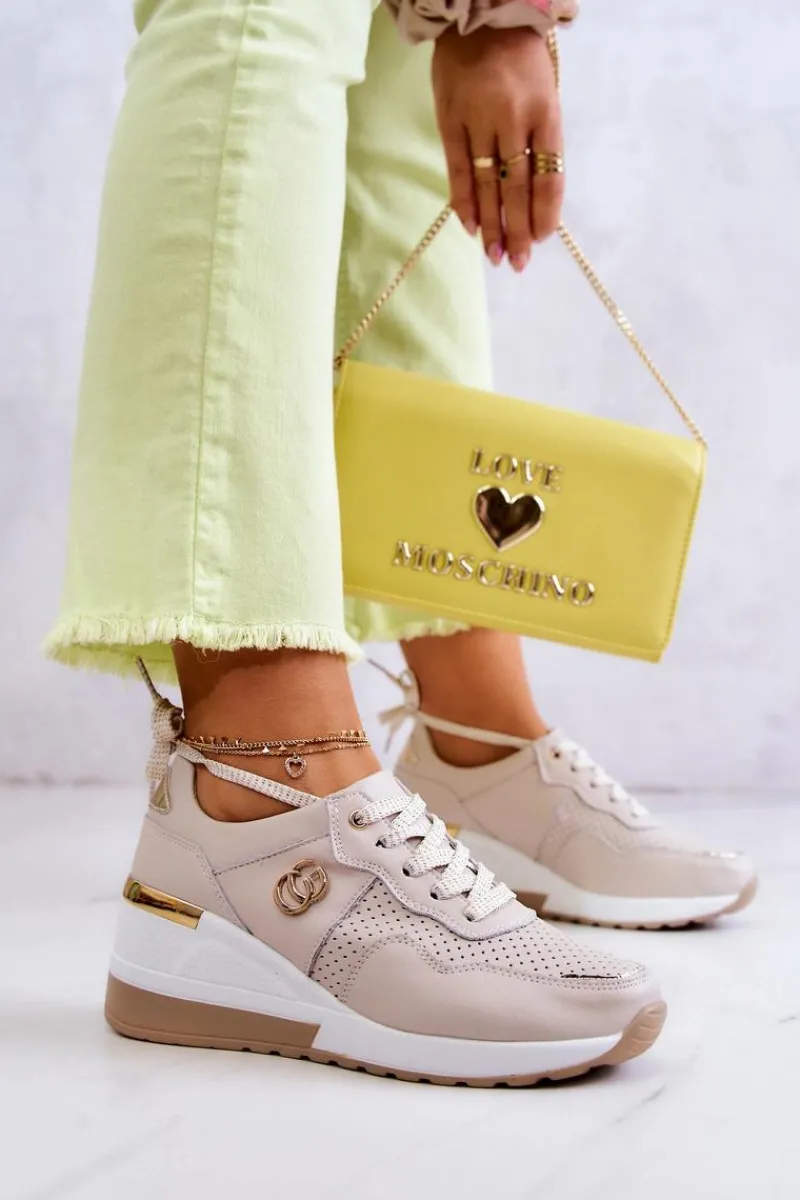 Sale Damskie buty S.Barski Damskie Skórzane Buty Sportowe Sneakersy Beżowe Loissa