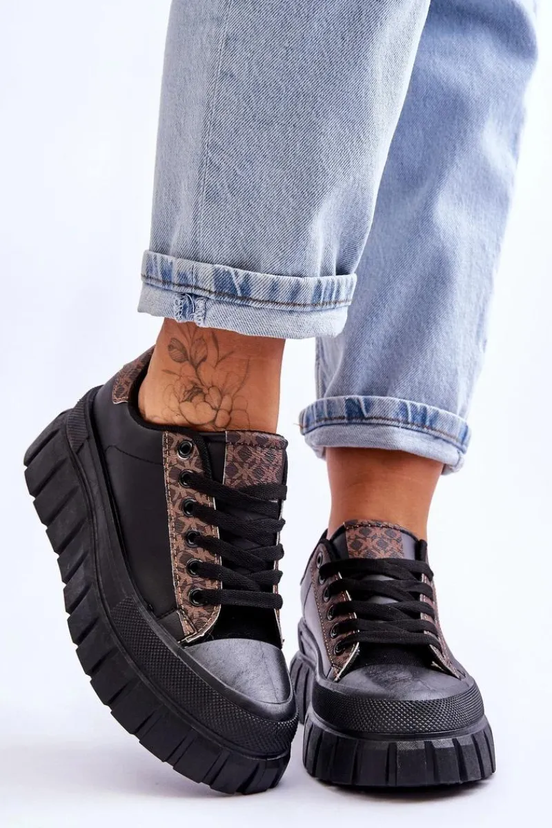 Sneakersy Damskie>Boto Damskie Skórzane Buty Sportowe Na Platformie Czarne Alison