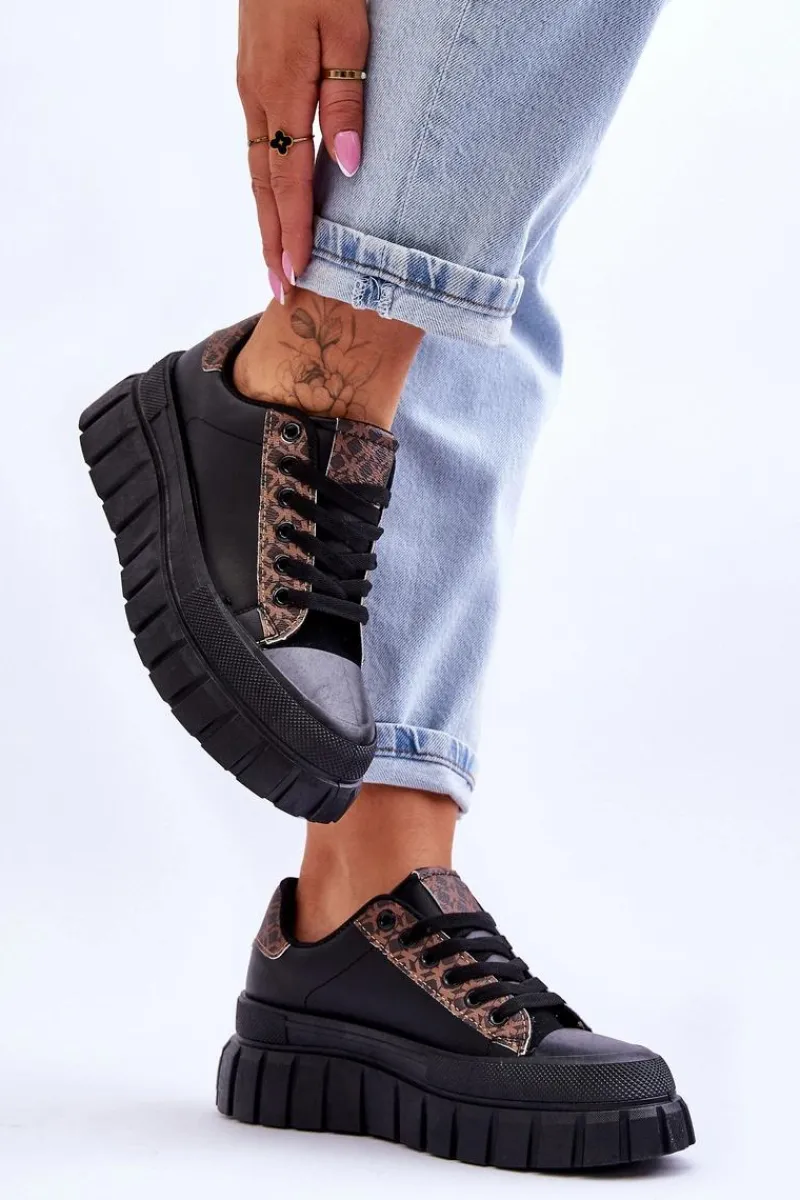 Sneakersy Damskie>Boto Damskie Skórzane Buty Sportowe Na Platformie Czarne Alison