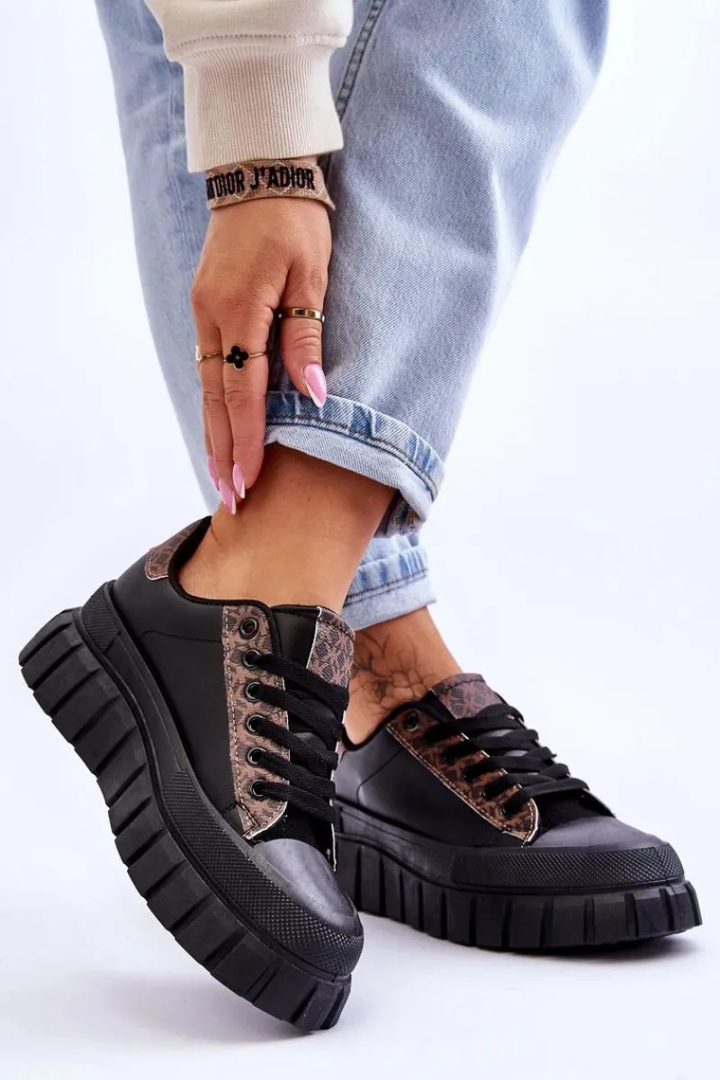 Sneakersy Damskie>Boto Damskie Skórzane Buty Sportowe Na Platformie Czarne Alison