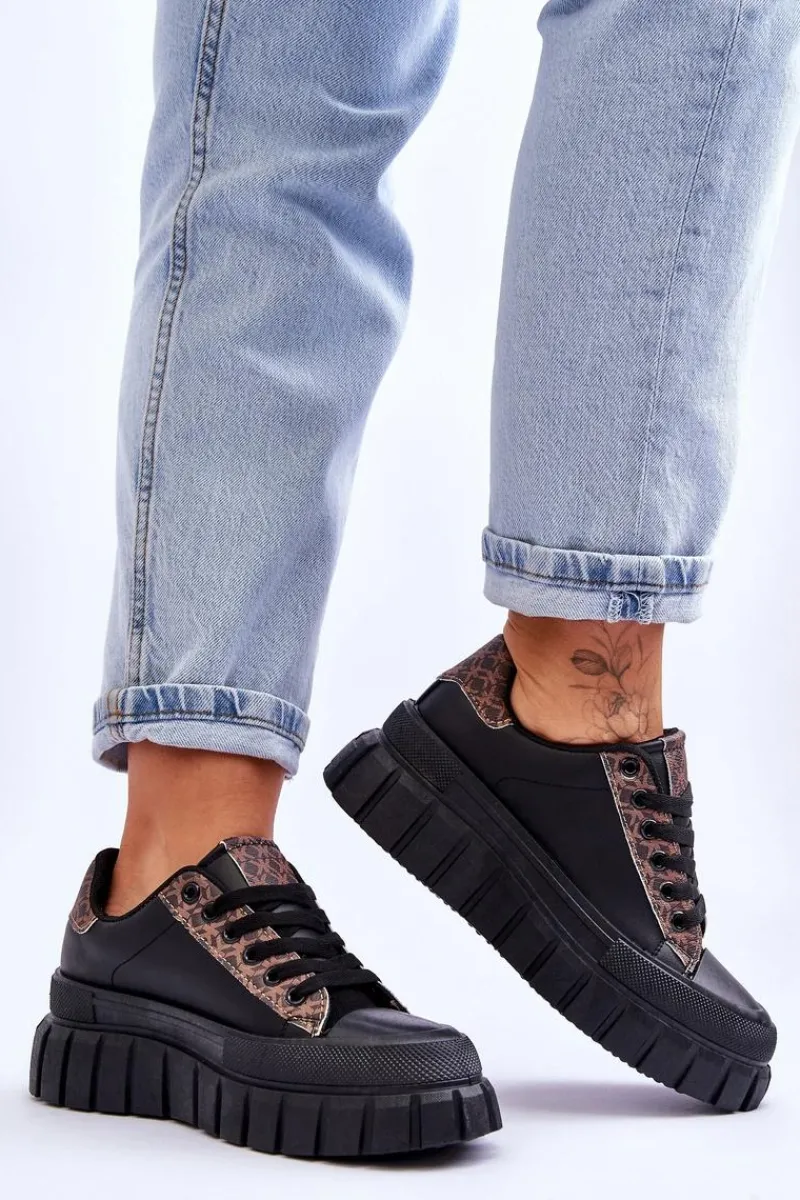 Sneakersy Damskie>Boto Damskie Skórzane Buty Sportowe Na Platformie Czarne Alison