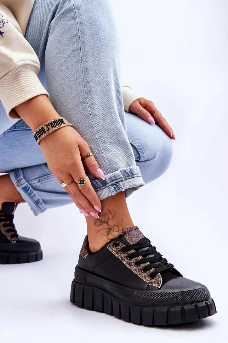 Sneakersy Damskie>Boto Damskie Skórzane Buty Sportowe Na Platformie Czarne Alison