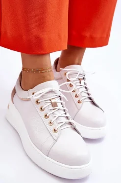 Sneakersy Damskie>Boto Damskie Skórzane Buty Sportowe Na Platformie Białe Caressa