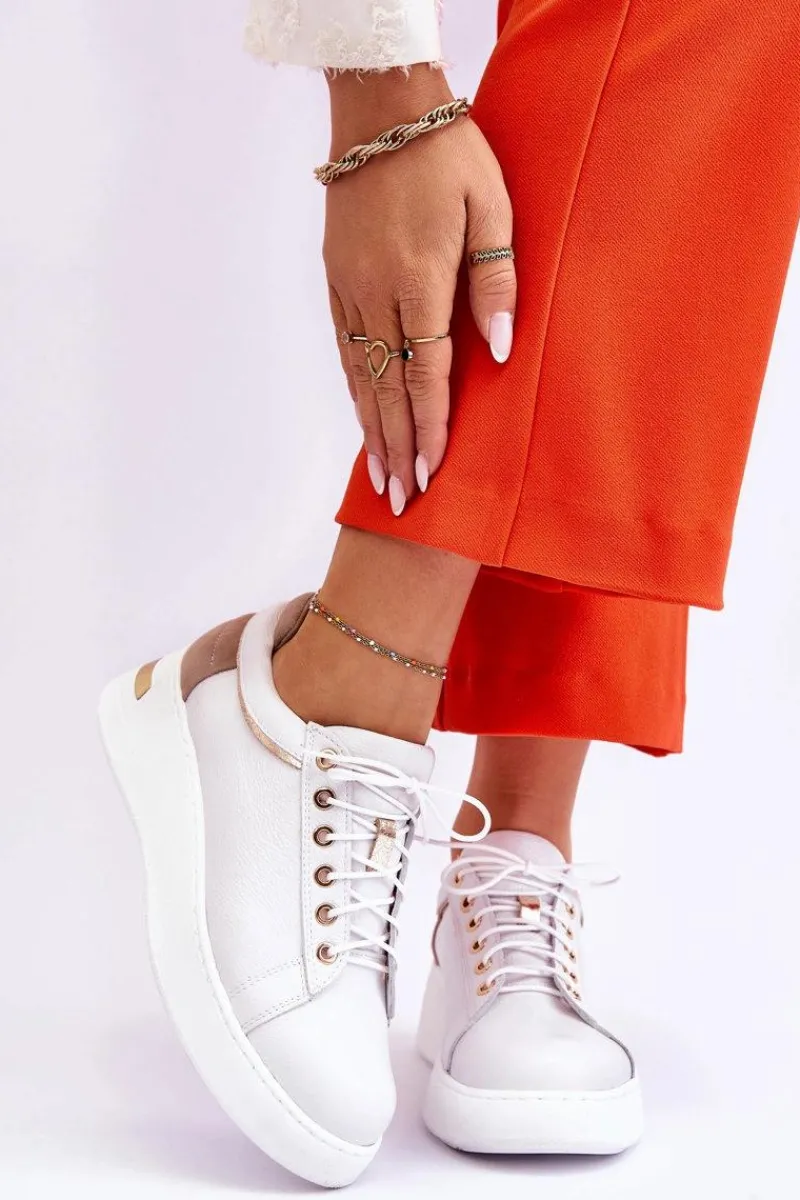 Sneakersy Damskie>Boto Damskie Skórzane Buty Sportowe Na Platformie Białe Caressa