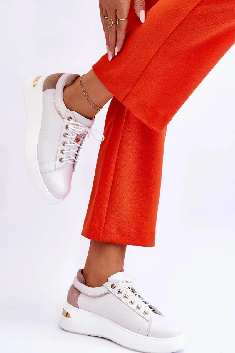 Sneakersy Damskie>Boto Damskie Skórzane Buty Sportowe Na Platformie Białe Caressa