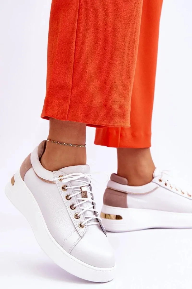 Sneakersy Damskie>Boto Damskie Skórzane Buty Sportowe Na Platformie Białe Caressa