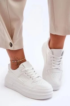 Sale Boto Damskie Skórzane Buty Sportowe Na Masywnej Platformie Białe Belisso