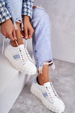 Buty Sportowe Na Platformie>Boto Damskie Skórzane Buty Sportowe Wiązane Biało-Niebieskie Ariva