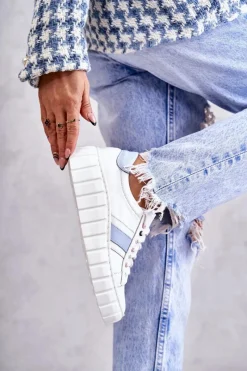 Buty Sportowe Na Platformie>Boto Damskie Skórzane Buty Sportowe Wiązane Biało-Niebieskie Ariva