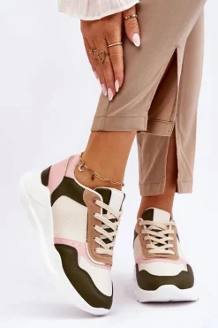 Hot Boto Damskie Skórzane Buty Sportowe Na Platformie Beżowo-Różowe Chaya