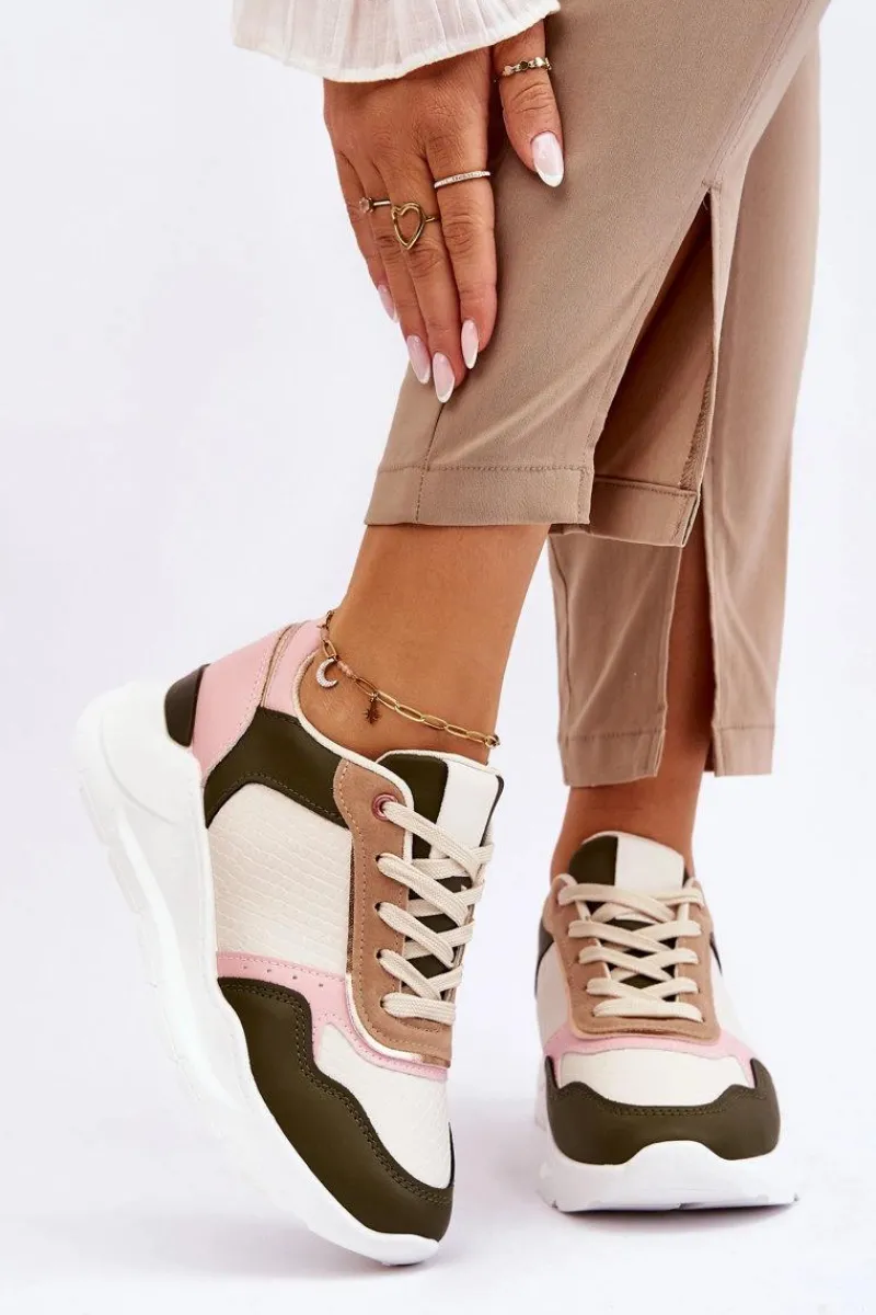 Hot Boto Damskie Skórzane Buty Sportowe Na Platformie Beżowo-Różowe Chaya