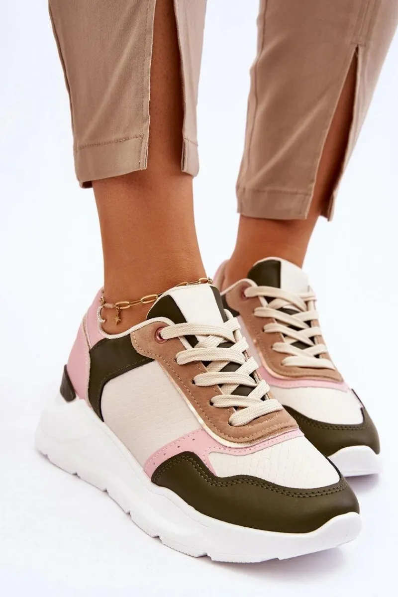 Hot Boto Damskie Skórzane Buty Sportowe Na Platformie Beżowo-Różowe Chaya