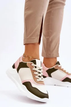 Hot Boto Damskie Skórzane Buty Sportowe Na Platformie Beżowo-Różowe Chaya