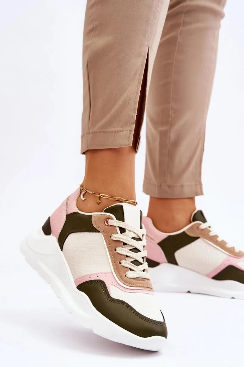 Hot Boto Damskie Skórzane Buty Sportowe Na Platformie Beżowo-Różowe Chaya