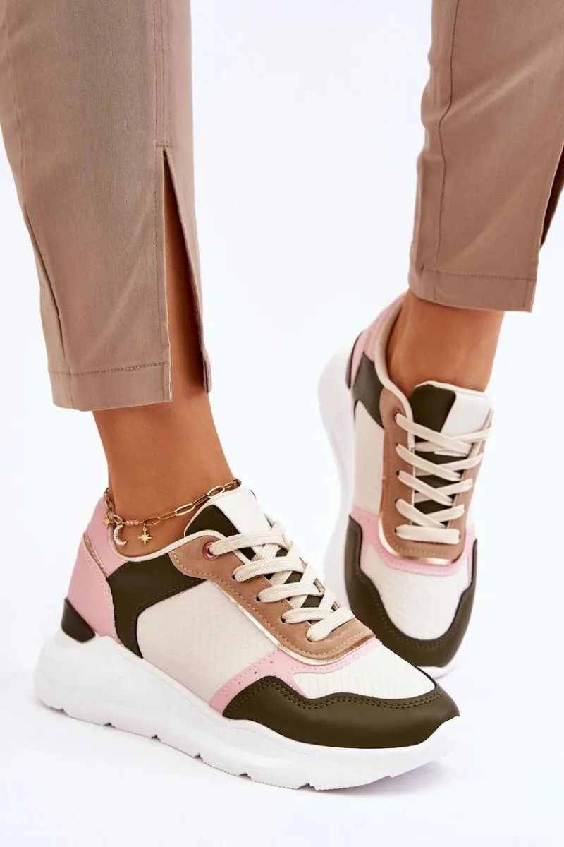 Hot Boto Damskie Skórzane Buty Sportowe Na Platformie Beżowo-Różowe Chaya