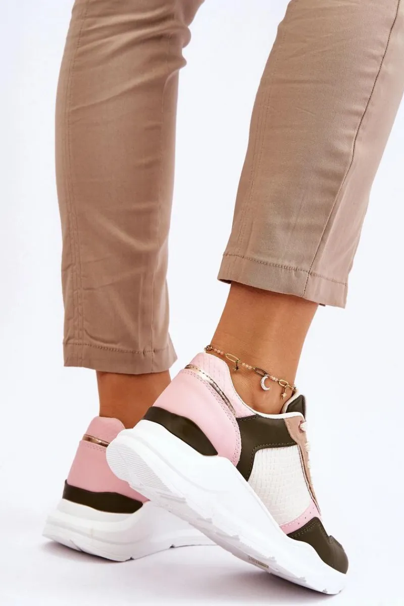 Hot Boto Damskie Skórzane Buty Sportowe Na Platformie Beżowo-Różowe Chaya