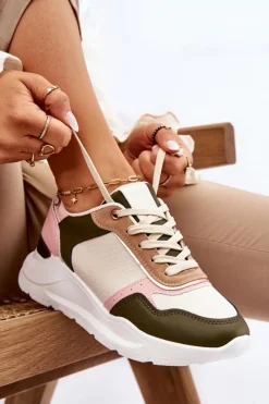 Hot Boto Damskie Skórzane Buty Sportowe Na Platformie Beżowo-Różowe Chaya