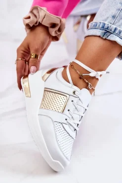 Outlet Damskie buty S.Barski Damskie Skórzane Buty Sportowe Na Koturnie Białe Larson