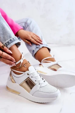 Outlet Damskie buty S.Barski Damskie Skórzane Buty Sportowe Na Koturnie Białe Larson