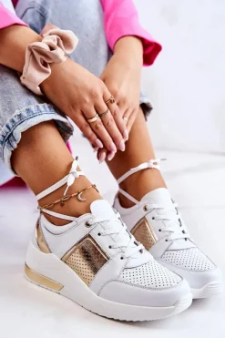 Outlet Damskie buty S.Barski Damskie Skórzane Buty Sportowe Na Koturnie Białe Larson